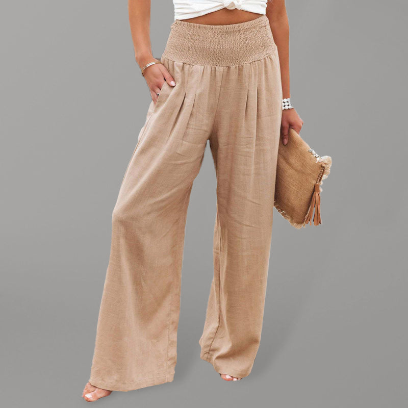 women's solid color smocked waist side-seam pockets wide leg pants