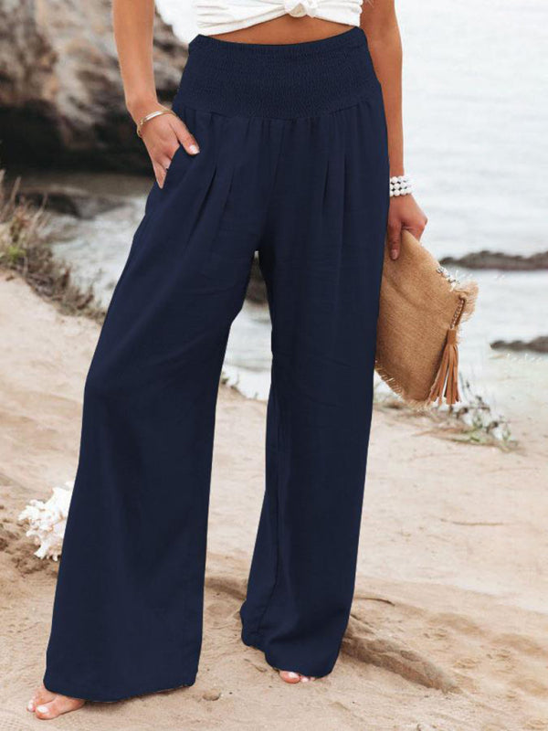 women's solid color smocked waist side-seam pockets wide leg pants