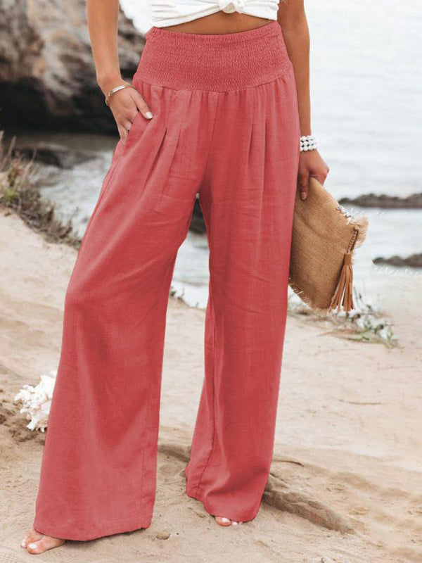 women's solid color smocked waist side-seam pockets wide leg pants