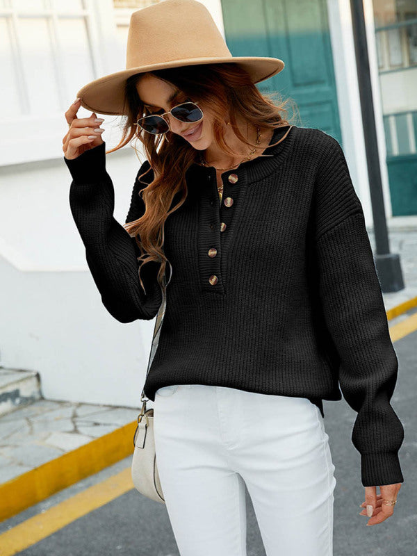 fashion crew neck single breasted solid color pullover sweater