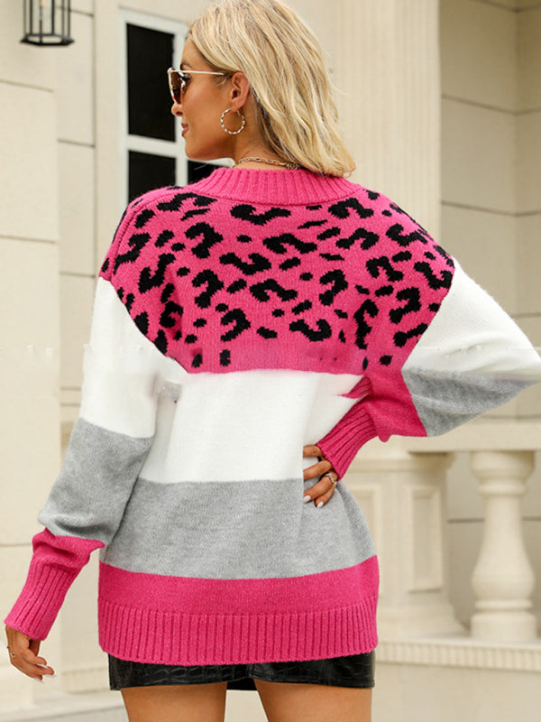 v-neck sweater women's cross-borde leopard print color matching knitted sweater women
