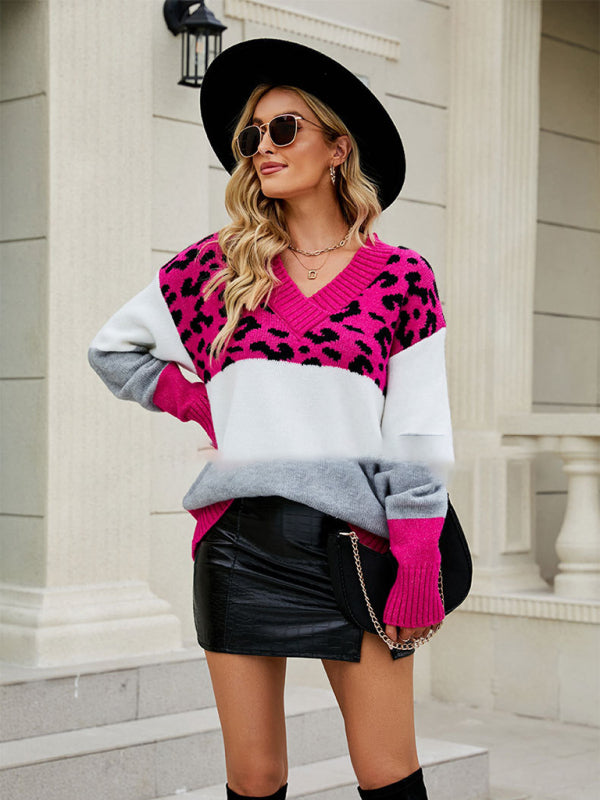v-neck sweater women's cross-borde leopard print color matching knitted sweater women