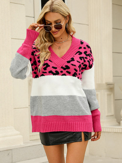 v-neck sweater women's cross-borde leopard print color matching knitted sweater women