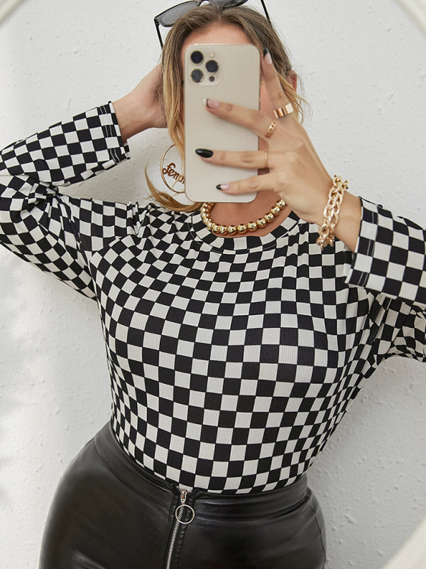 women's check plus size long sleeve crew neck check print top