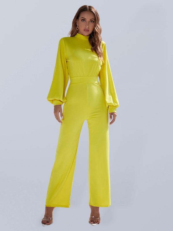 women's solid color turtleneck open back long sleeve jumpsuit