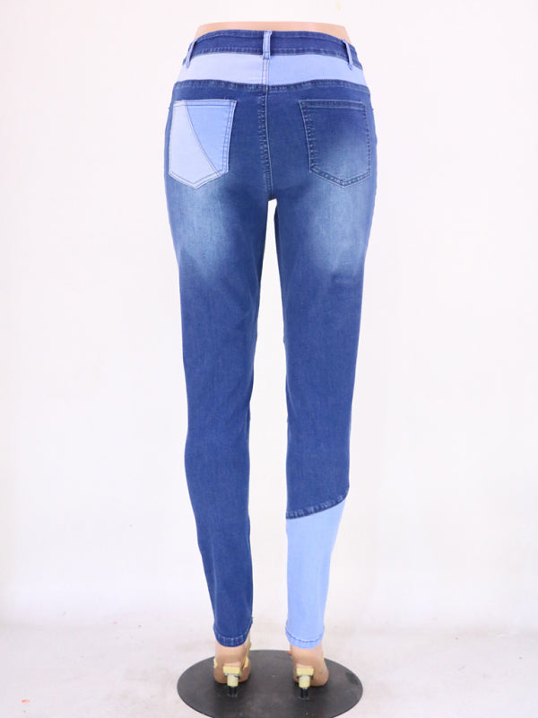 women's two-color stitching street wash high waist skinny jeans