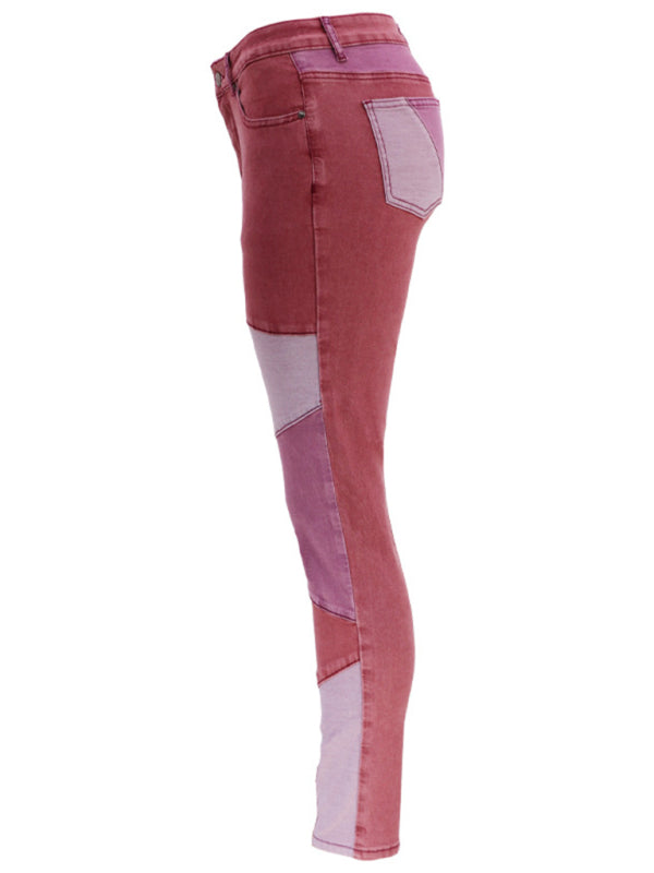 women's two-color stitching street wash high waist skinny jeans