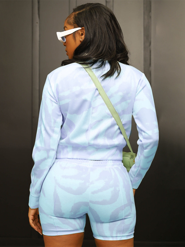 women's tie-dye printing round neck pullover long sleeves + shorts two-piece sets