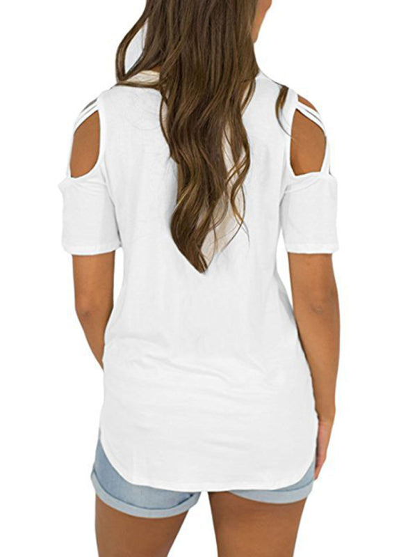 women's solid color solid cut out detail crew neck tee