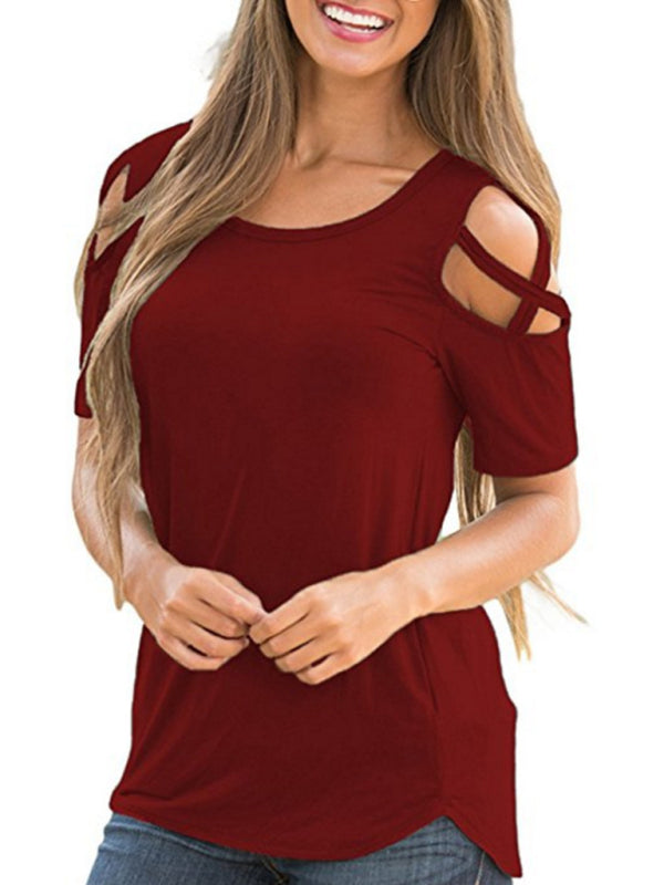 women's solid color solid cut out detail crew neck tee