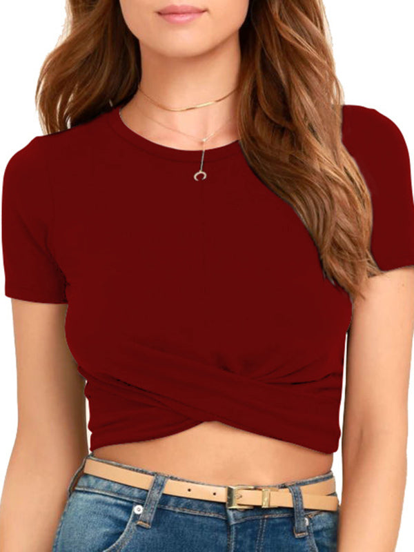 women's knitted short slim fit t-shirt with navel and knot