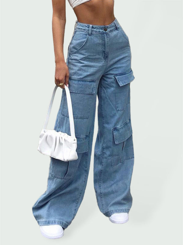 women's multi-pocket high waist cargo denim jeans