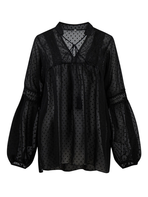 women's chiffon stitching lace loose balloon sleeve top shirt