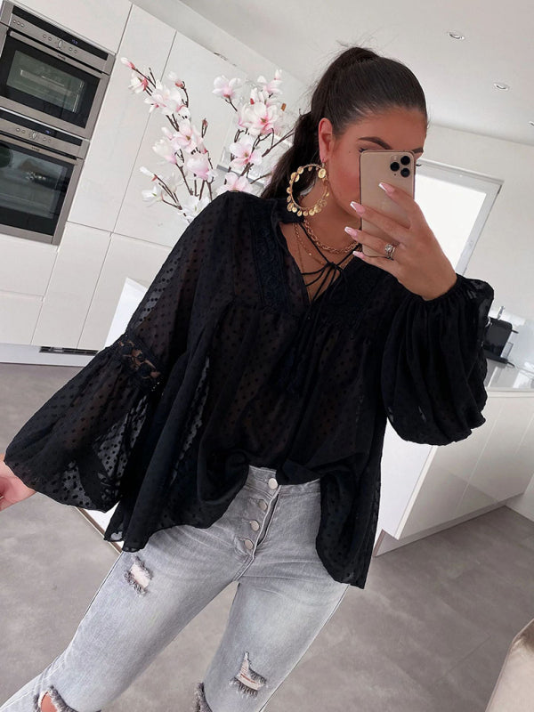 women's chiffon stitching lace loose balloon sleeve top shirt