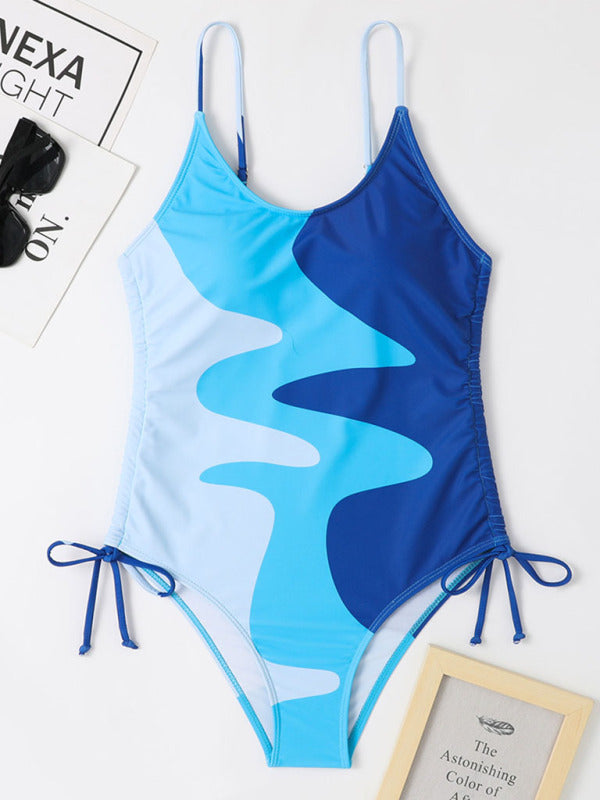 new one-piece swimsuit multicolor stitching drawstring corrugated ladies swimsuit