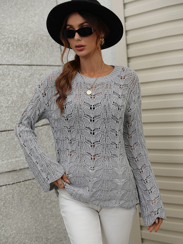 trumpet sleeve hollow pullover round neck loose sweater women