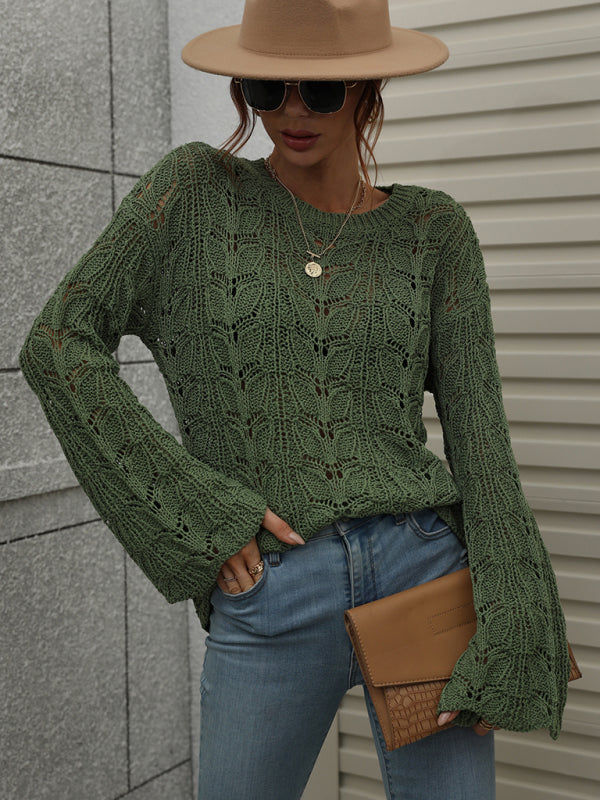 trumpet sleeve hollow pullover round neck loose sweater women