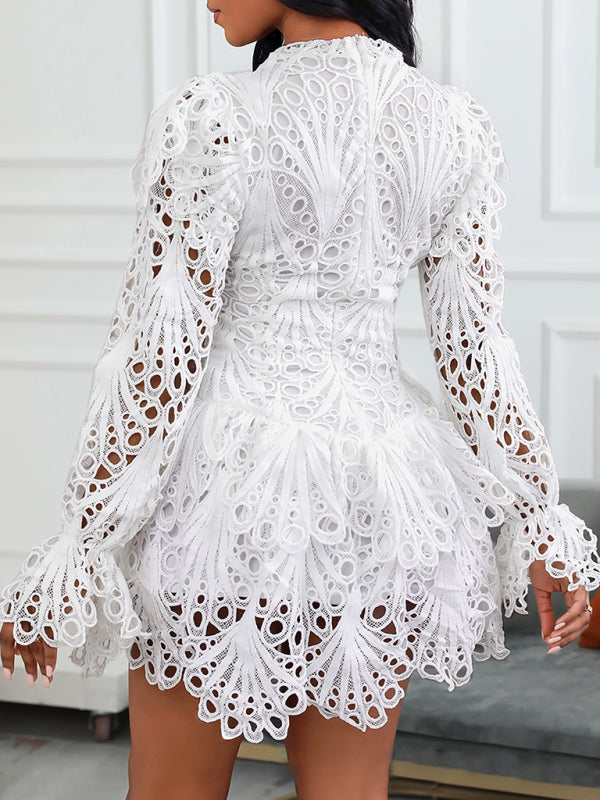 new women's elegant white lace hollow dress
