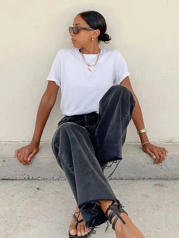 New high-waist floor-length loose slimming straight wide-leg jeans - FZwear