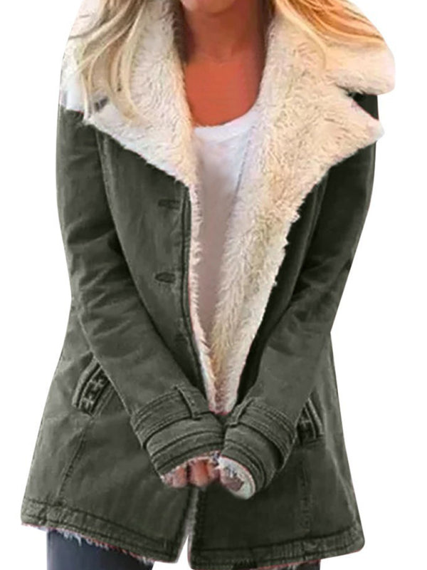 FZ Women's solid color plush lapel mid-length jacket