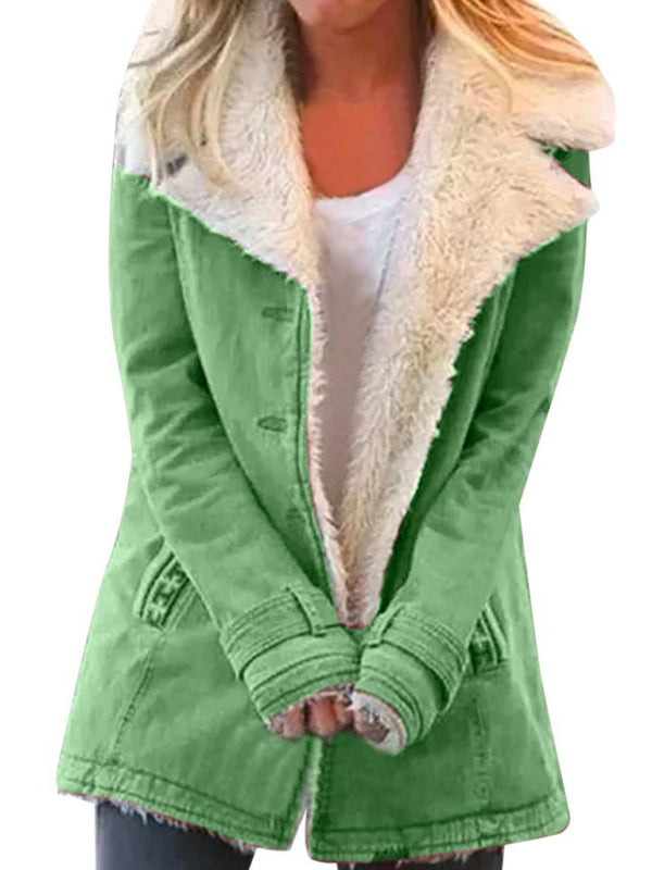FZ Women's solid color plush lapel mid-length jacket