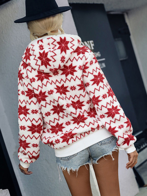 FZ Women's hooded velvet printed Christmas style jacket - FZwear
