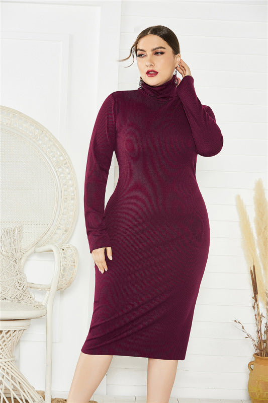 women's plus size solid color knit turtleneck long sleeve dress