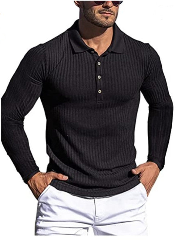 new men's high elastic vertical strip long sleeve polo shirt slim knit bottom shirt polo shirt
