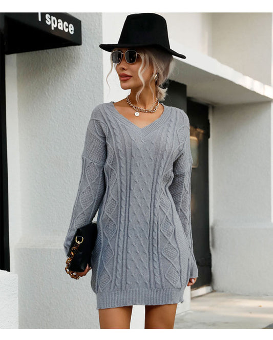 FZ Women's Long Sleeve V-Neck Grey Sweater Dress