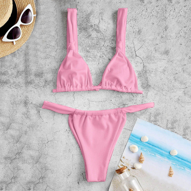 swimsuit bikini strap knotted swimwear solid color swimsuit