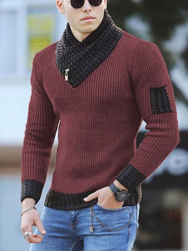 men's contrasting color stitching scarf business casual sweater