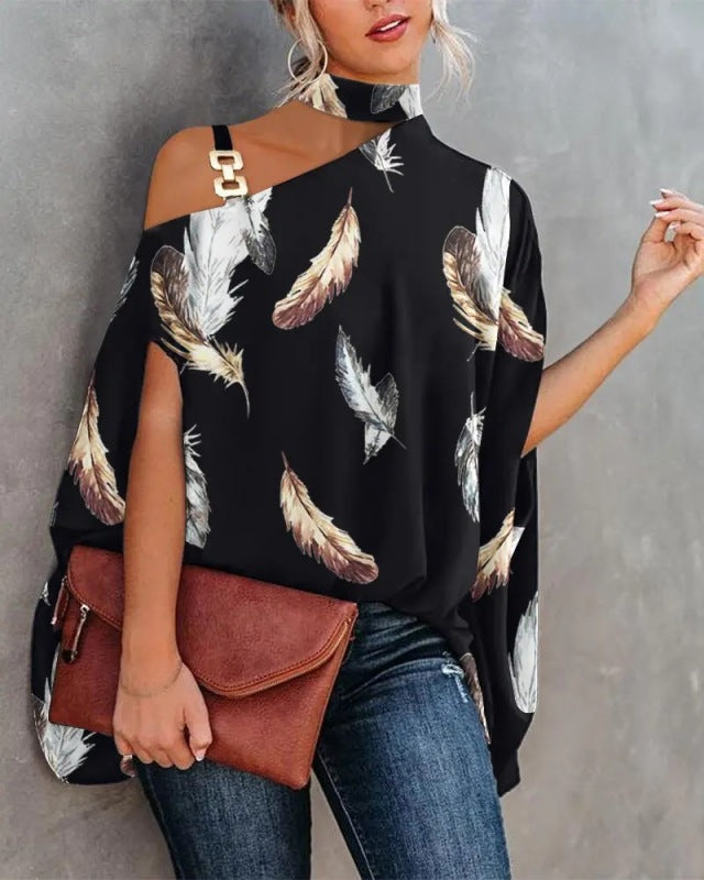 halter neck dolman sleeve print shirt ladies shirt women's clothing